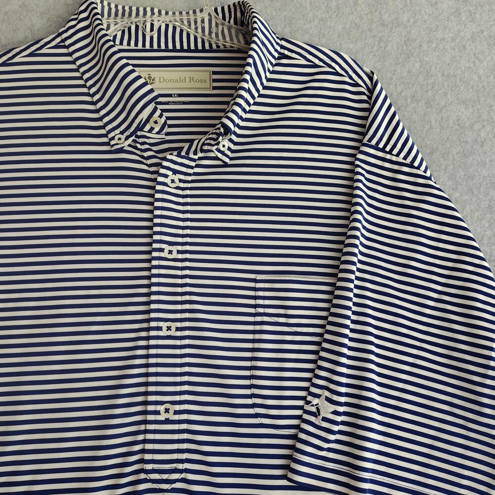 Donald Ross Polo Shirt Mens 2XL Blue White Striped Golf Pocket Logo Performance